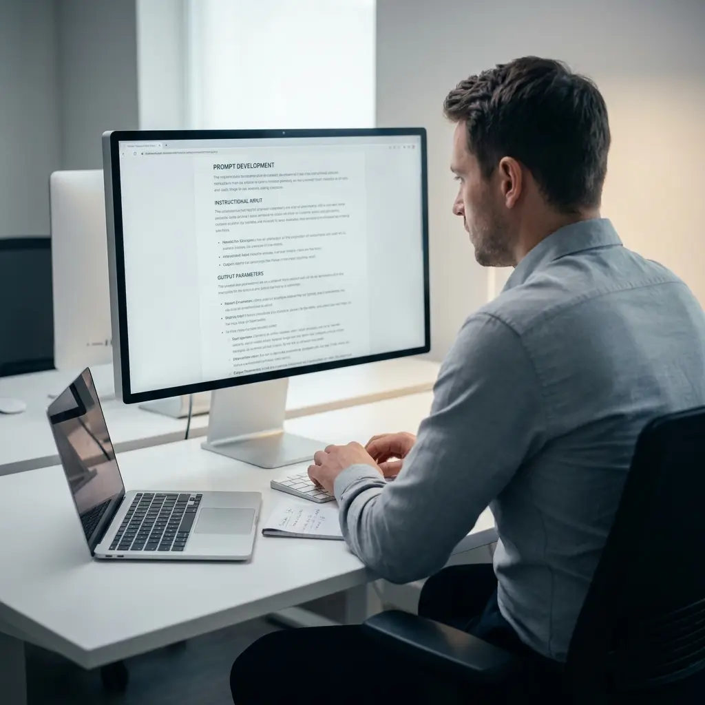 Prompt Entwicklung am Bildschirm – Fachkraft strukturiert KI-Anweisungen für präzise Arbeitsergebnisse.