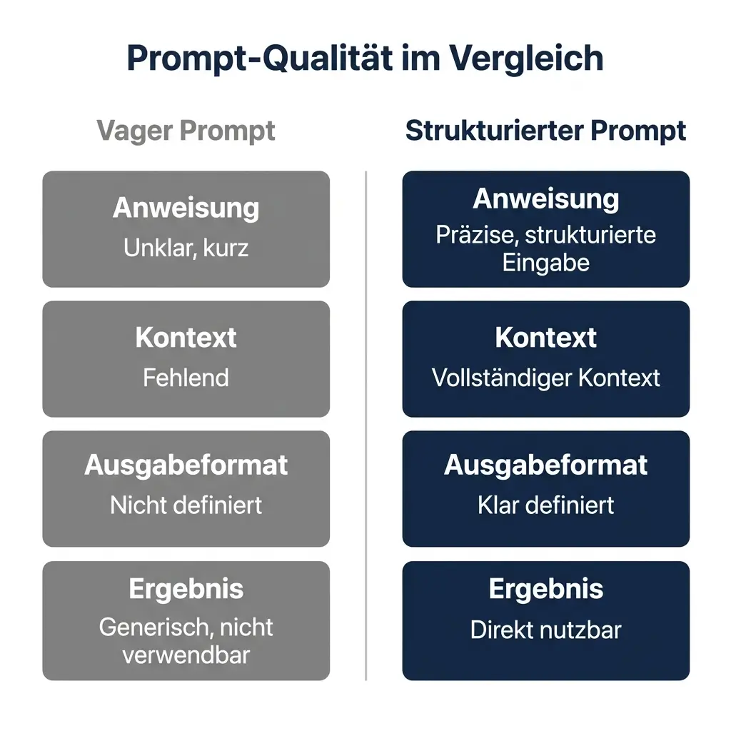 Vergleichsdiagramm Prompt Qualität – vager Prompt vs. strukturierter Prompt und deren KI-Ausgabe.