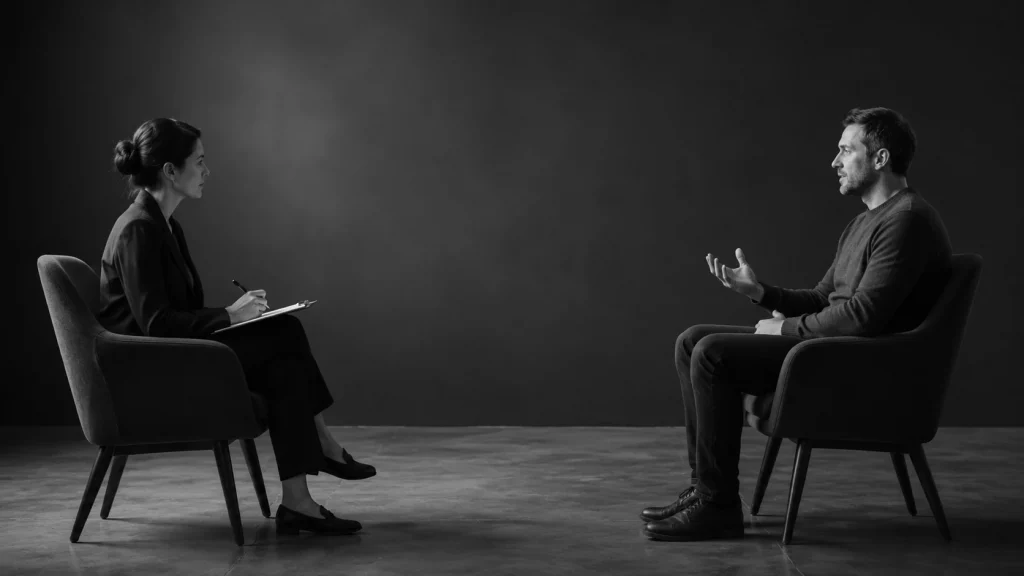 Qualitatives Interview: Interviewerin mit Klemmbrett und Proband im Gespräch – Symbolbild für KI-gestützte Marktforschung mit ProxyTalk