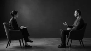Qualitatives Interview: Interviewerin mit Klemmbrett und Proband im Gespräch – Symbolbild für KI-gestützte Marktforschung mit ProxyTalk